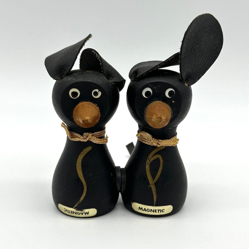 Vintage Black Mice Magnetic Shakers Japan Anthropomorphic Kitschy Wooden 1950s